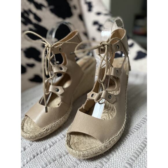 Carmen Saiz Anthropologie Leather Espadrille‎ Wedge Sandals Tie~38. US 7.5- 8 - Picture 3 of 7